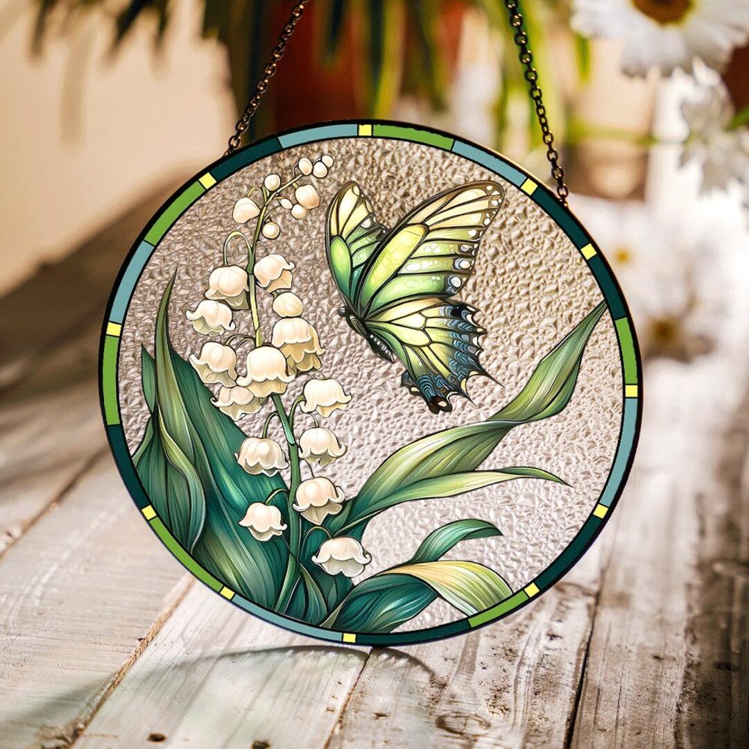 Lily of the Valley Stained Glass Suncatcher, Butterfly Floral Window ...