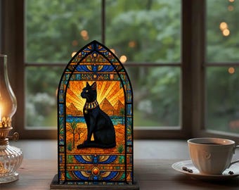 Egyptian Black Cat Candle Holder, Bastet Cat Suncatcher Decor, Mystic Feline Artwork, Gothic Home Accent, Cat Lover Gift