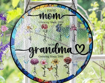 Personalized Grandma Gift Suncatcher, Custom Grandkids Floral Window Hanging, Stained Glass Mother’s Day Gift for Mom