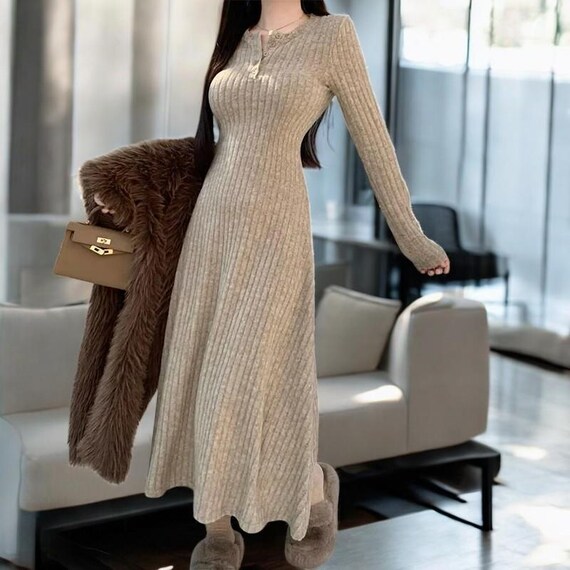 knitted dress high autumn Women Autumn Winter Slouchy Solid Knit Turtleneck Long Sweater Dress, Loose Knit Dress, Ankle Length Party Dresses - Apricot m