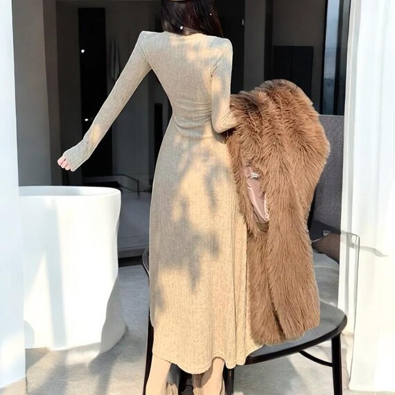 dress knitted autumn fur MICHELLE KNIT MIDI DRESS WITH FUR ACCENTS  AKIRA