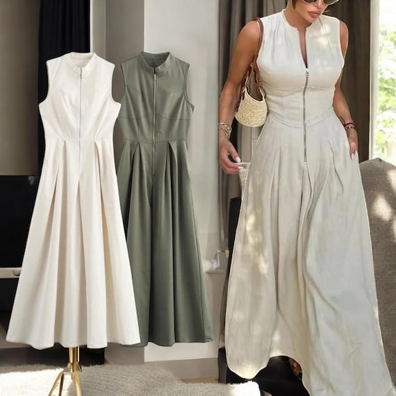 midi wash and wear summer sleeveless dresses SilhouetteGrace Pleated Midi Dress