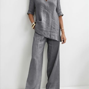 PureForm Linen Two-Piece Set – Women’s V-Neck Mid Sleeve Top & Straight-Leg Trousers