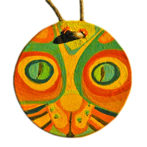 Cat Pendant  Orange and Green. Hand painted round pendant with original design One of a kind