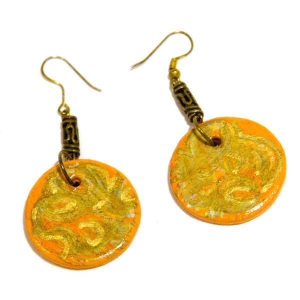 Tangerine Orange  Hand painted wooden earrings. Tribal inspired orange jewelry