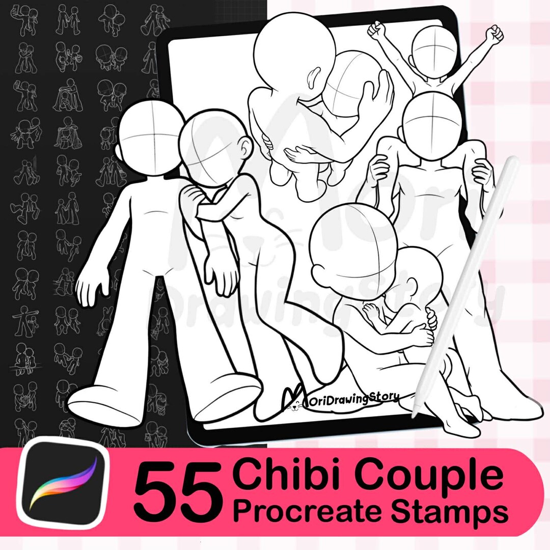 Chibi Couple Pose Stamps for Procreate | Romantic Drawing Base (50 ...