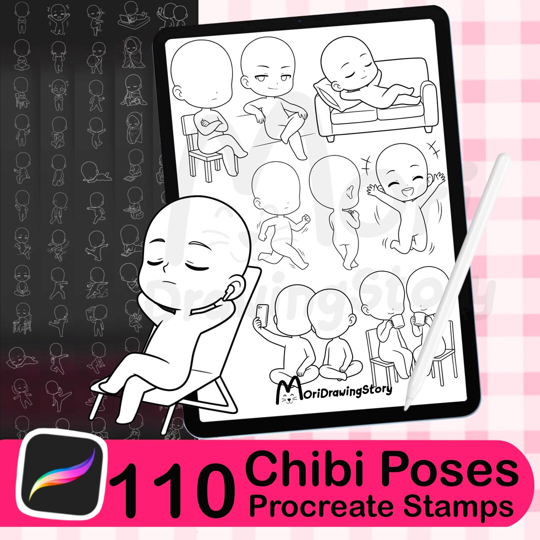 110 Chibi Pose Stamps for Procreate | Kawaii Anime Drawing Base Brush ...