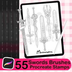 May include: A digital illustration of a tablet displaying six detailed sword designs. The image includes the text "55 Swords Brushes Procreate Stamps" and a stylus. A collection of sword outlines is on the left.