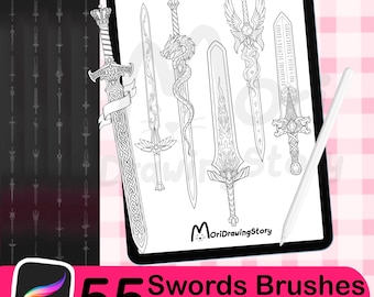 55 Sword Procreate Brushes - Fantasy Tattoo Stamps (PDF)