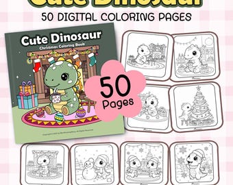 50 Cute Dinosaur Coloring Book, Christmas Dino Coloring pages, Coloring sheet, Kawaii Baby Dino, Activity for Toddlers, Bold and easy