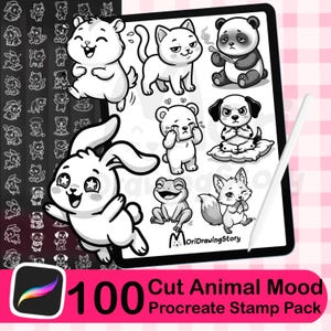 May include: A digital illustration of a tablet displaying various cartoon animal stamps, including a hamster, cat, panda, bear, dog, frog, fox, and bunny. The text reads "100 Cut Animal Mood Procreate Stamp Pack."
