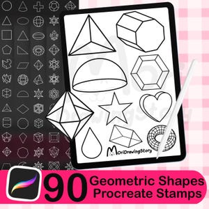 Könnte beinhalten: Ein digitales Kunstset mit 90 geometrischen Formen, darunter Dreiecke, Sterne und Herzen, auf einem Tablet dargestellt. Das Bild enthält einen Stift und den Text "Geometric Shapes Procreate Stamps".