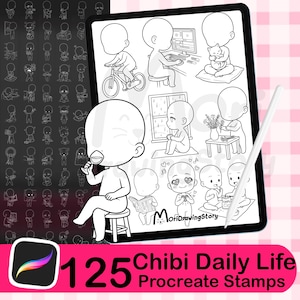 Può includere: Illustrazione digitale su un tablet con 125 timbri Procreate Chibi Daily Life. I timbri raffigurano varie attività, tra cui andare in bicicletta, usare un computer e rilassarsi. Uno stilo è accanto al tablet. Il logo dell'app Procreate è in basso a sinistra.