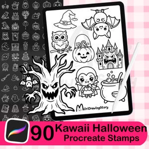 May include: A digital tablet displaying a collection of black and white Halloween-themed line art illustrations including a witch hat, bat, owl, pumpkin, castle, vampire, and cauldron. A white stylus rests on the screen. Text reads MoriDrawingStory.