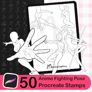 May include: A digital art product featuring 50 anime fighting pose Procreate stamps. The image shows a tablet displaying several line art figures in dynamic action poses, with a stylus. A Procreate app icon and text are also visible.