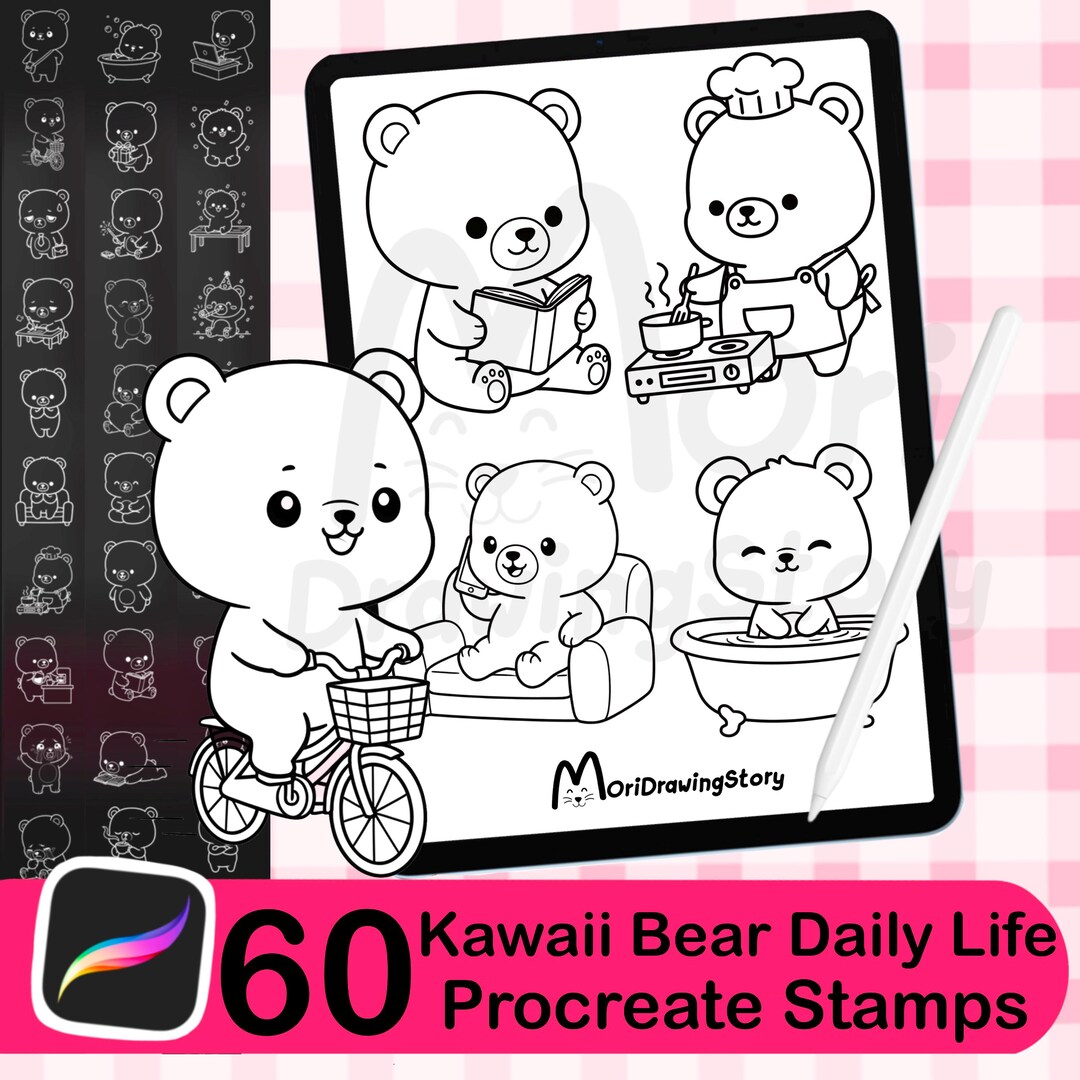 60 Kawaii Bear Daily Life Procreate Stamp Brushes | Cute Animal Planner ...