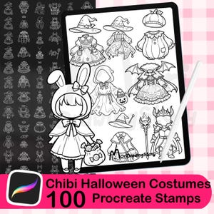 May include: A digital tablet screen displaying 100 black and white line art stamps of chibi Halloween costumes, including a bunny outfit, witch hats, a pumpkin suit, a vampire cape, and a skull staff, with the text Chibi Halloween Costumes 100 Procreate Stamps.