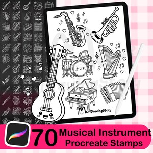 70 Kawaii Musical Instrument Procreate Stamps | Piano, Guitar, Drum, Violin Brushes (Digital Download)
