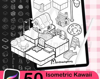 Può includere: Illustrazione digitale su tablet con 50 timbri isometrici kawaii Procreate. I timbri includono case, ponti, alberi e altri elementi del paesaggio. Uno stilo è accanto al tablet. L'immagine ha uno sfondo a scacchi rosa e bianco.