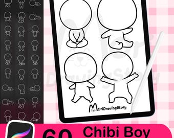 60 Carimbos de Menino Chibi para Procreate | Pincéis de Poses de Anime