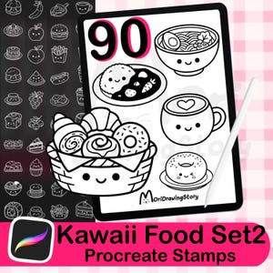 90 sellos de comida Kawaii para Procreate / iconos para agendas, postres, café (descarga digital)