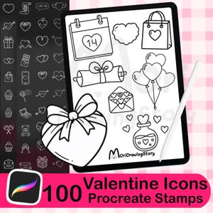 May include: A digital illustration of Valentine's Day-themed icons, including hearts, gifts, and a calendar with the number 14. The image is displayed on a tablet with a stylus, and the text reads "100 Valentine Icons Procreate Stamps."