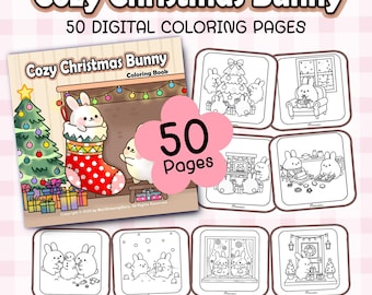 Cozy Christmas Bunny Coloring Pages, 50 Holiday Illustrations (Digital Download)