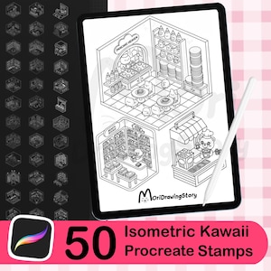 Peut inclure: Une tablette numérique affiche 50 tampons Procreate kawaii isométriques. Les tampons présentent des illustrations en noir et blanc de scènes variées, dont un restaurant de crêpes, une librairie et un stand de nourriture. Un stylet est posé sur la tablette.