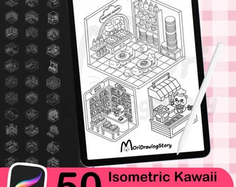 Può includere: Un tablet per arte digitale mostra 50 timbri Procreate kawaii isometrici. I timbri presentano illustrazioni in bianco e nero di varie scene, tra cui un ristorante di pancake, una libreria e una bancarella di cibo. Una penna digitale è appoggiata sul tablet.