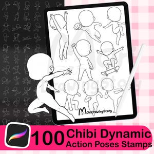 100 dynamische Chibi-Actionposen | Procreate-Stempel, Anime-Posenreferenz, Kampf- und Laufposenpinsel, Charakterzeichnung