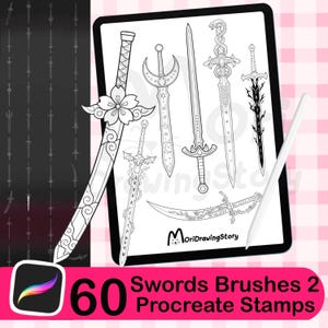 Peut inclure: Illustration numérique en noir et blanc de différentes épées, affichée sur un écran de tablette. L'image comprend un stylet et le texte "60 Swords Brushes 2 Procreate Stamps."
