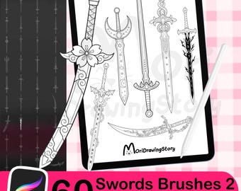 60 Sword Procreate Brushes – Fantasy Tattoo Stamps (Set2) (Digital Download)