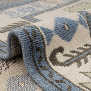 Ivory, Blue & Olive Green Turkish Rug Handmade Oushak Wool Area Rug 8x10 Oriental Floral and Geometric Pattern for Living Room or Bedroom