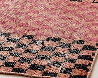 Alfombra de lana anudada a mano con diseño geométrico tribal moderno, decoración inspirada en Oushak.