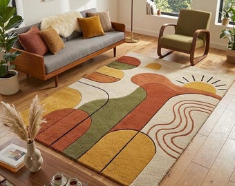 Mid Century Modern Wool Rug | Retro Geometric Area Rug | Burnt Orange Mustard Yellow Abstract Carpet | Living Room Decor | Hand-Tufted rug