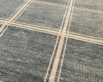 Blå rutig ullmatta handknuten modern lantlig matta, specialanpassad fönsterrutig matta för vardagsrum, kustblå mjuk matta 8x10 9x12
