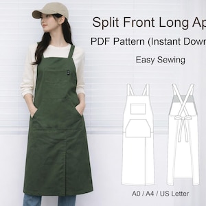 May include: A woman wearing a green split-front long apron with pockets. The apron is part of a PDF pattern for instant download, with the text "Split Front Long Apron" and "Easy Sewing". The pattern includes diagrams.