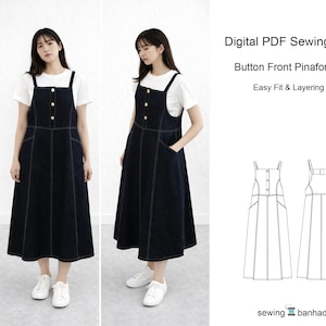 Puede incluir: Vestido peto de mezclilla azul oscuro con diseño de botones en la parte delantera, usado sobre una camiseta blanca. El vestido tiene bolsillos y una falda acampanada. La imagen también incluye un dibujo lineal del vestido y el texto "Digital PDF Sewing Pattern".