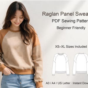 Può includere: Una donna indossa una felpa raglan a pannelli beige e marrone. L'immagine include il testo che recita: "Raglan Panel Sweatshirt PDF Sewing Pattern Beginner Friendly XS-XL Sizes Included A0 / A4 / US Letter Instant Download."