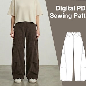 May include: A person wearing a cream-colored short-sleeved shirt and brown cargo pants. The pants have large pockets on the sides. The image also includes a digital PDF sewing pattern for wide-leg pants.
