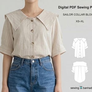 May include: A beige short-sleeved blouse with thin vertical stripes, a wide sailor collar, and a front button closure. The image includes text reading Digital PDF Sewing Pattern, SAILOR COLLAR BLOUSE, XS-XL, and technical line drawings.