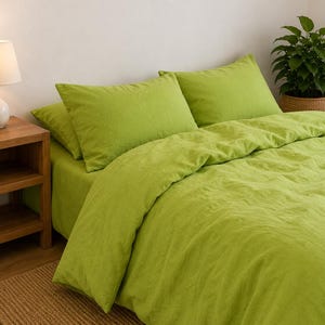 Chartreuse Green Linen Duvet Cover Set, Soft Washed Bedding with Pillowcases, Minimalist Bedding