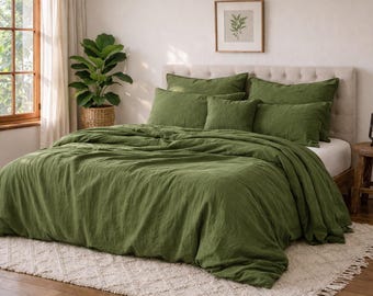 Olive Green Linen Duvet Cover: Soft Washed Queen Bedding Set | Sustainable Comforter Cover