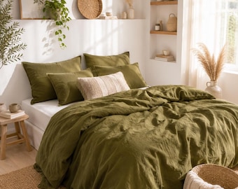 Juego de ropa de cama de lino verde oliva, funda nórdica de lino suave lavado, funda de cama acogedora de estilo rústico.
