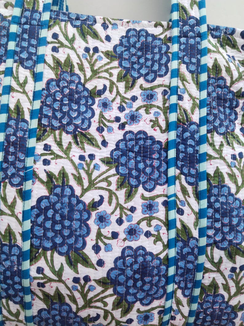 Quilted Blue Floral Tote Bag, Hand Block Print Cotton Shoulder Bag ...