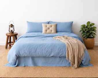 Juego de funda nórdica de lino azul cielo: ropa de cama suave lavada hecha a mano con cierre de cremallera.