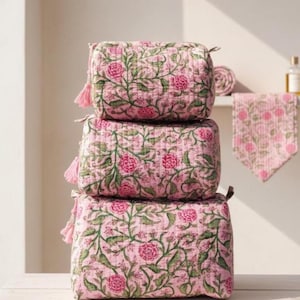 Handmade Quilted Cotton Makeup Bag Set: Floral Block Print, Travel Organizer