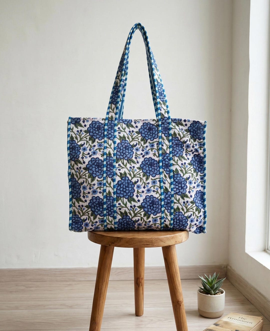 Quilted Blue Floral Tote Bag, Hand Block Print Cotton Shoulder Bag ...