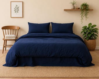 Navy Blue Linen Duvet Cover Set: Soft Washed Luxury Linen Bedding, Queen King Size