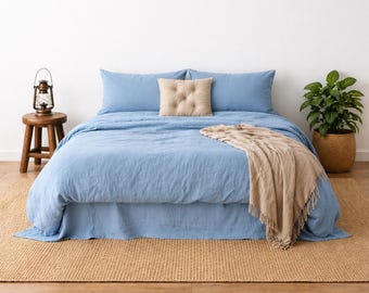 Set copripiumino in lino azzurro cielo: biancheria da letto morbida, lavata a mano, con chiusura a cerniera.